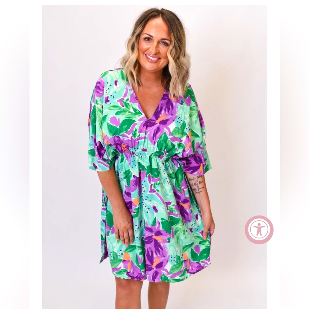 Entro kimono style floral dress Sz Small elastic waist white green purple orange